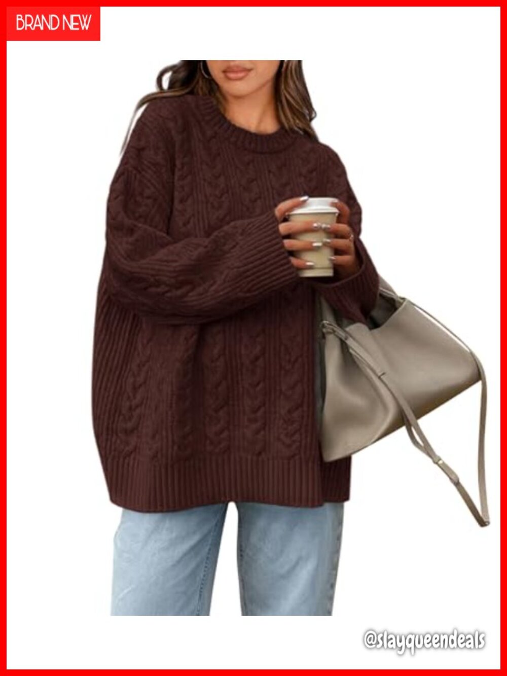Oversized Cable Knit Crewneck Long Sleeve Pullover Sweater